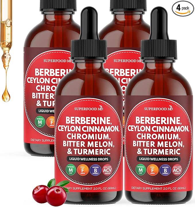 Berberine with Ceylon Cinnamon Supplement Liquid Drops + Bitter Melon Extract Glucomannan Gymnema Chromium Turmeric Organic Panax Ginseng Moringa 8oz