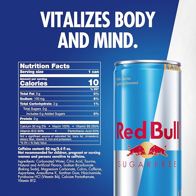 Red Bull Sugar Free Energy Drink with 80mg Caffeine plus Taurine &amp B Vitamins 8.4 Fl Oz Pack of 24 Cans