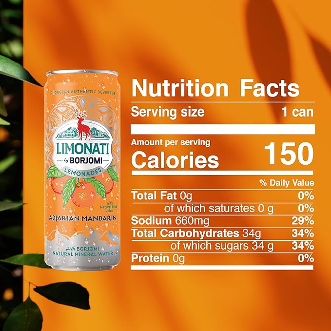 Limonati by Borjomi Adjarian Mandarin Lemonade with Natural Fruit Juice and Borjomi Natural Mineral Water 11.15 fl oz (12 Cans)