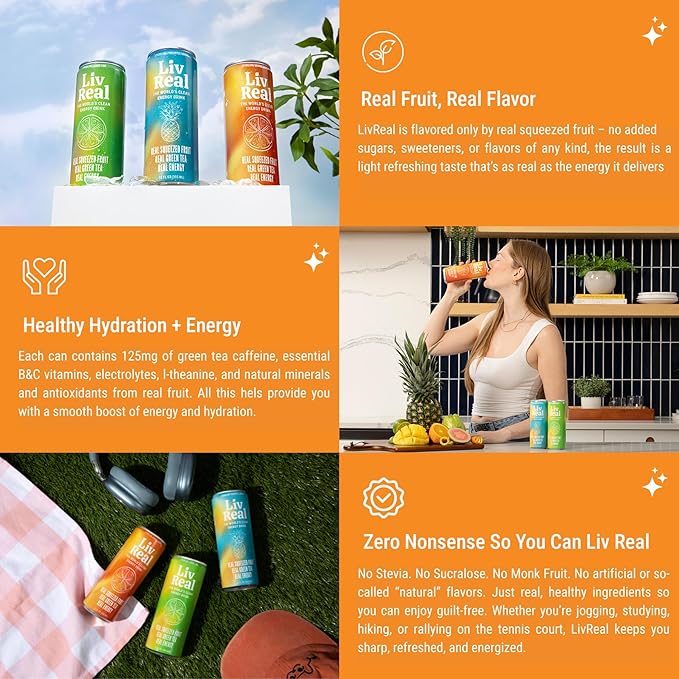 LivReal Clean Energy Drink – Organic Green Tea Caffeine 125mg + L-Theanine 100mg – Real Fruit No Sweeteners or Flavorings – Vitamin C &amp B Complex – Sparkling Lemon Lime Water 12 Pack 12 fl oz