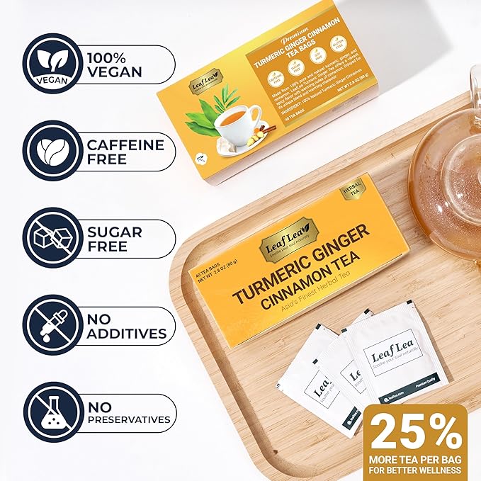 LeafLea Turmeric Ginger Cinnamon Tea 120 Individually Wrapped Tea Bags 100% Natural Herbal Blend with Pure Ginger and Turmeric Supports Digestion &amp Immune Health Caffeine-Free No Sugar