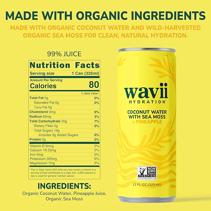 Wavii Hydration Organic Coconut Water with Organic Sea Moss plus Pineapple 11 fl oz Cans Pack of 12 – Clean Refreshing Hydration with Naturally Occurring Electrolytes No Added Sugar Non-GMO