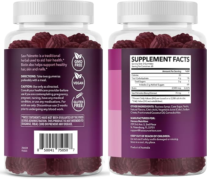 Saw Palmetto for Women with 2500mcg Biotin - DHT Blocker and Hair Skin Nail Health Gummies - 120 Count - Supports Stronger and Fuller Looking Locks and Radiant Skin - Vegan Non-GMO 2 Month Supply