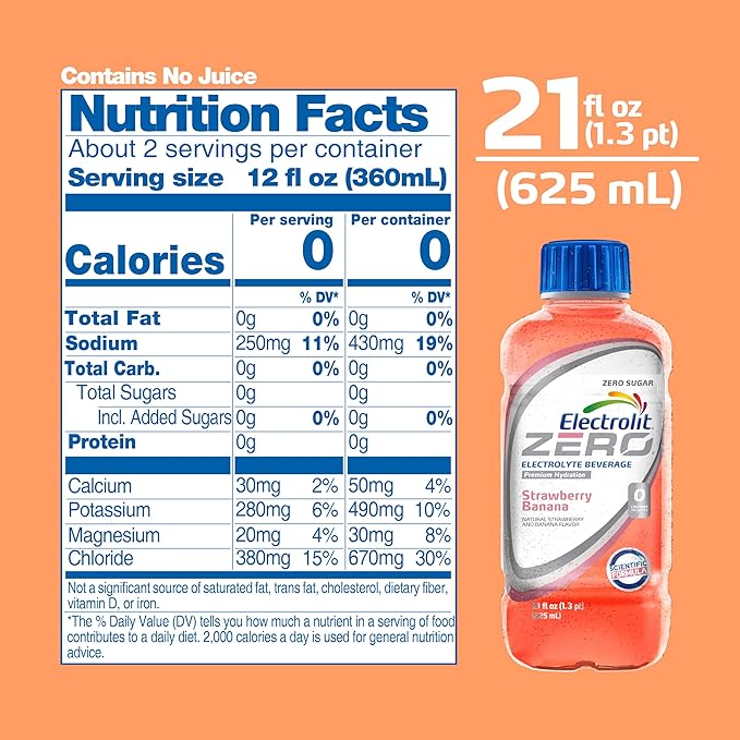 Electrolit Zero Electrolyte Beverage Strawberry-Banana 21 Fl Oz bottle (Pack of 12)