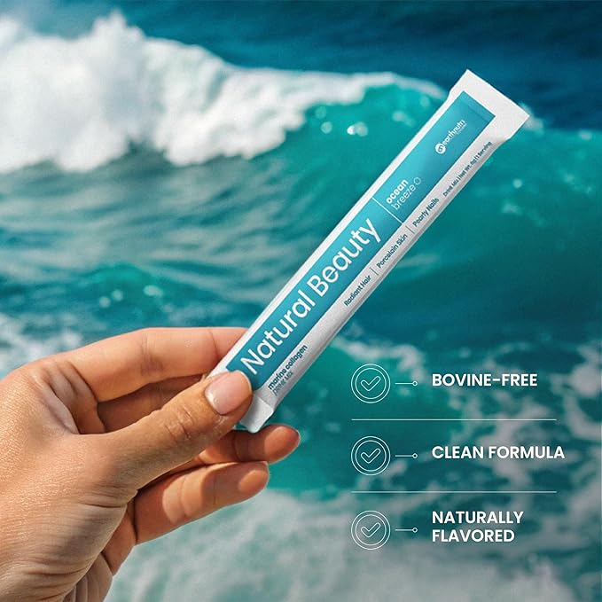 EarthNutri - Wild Caught Marine Collagen Powder - Supplement for Skin Hair &amp Nails - Enhances Skin Elasticity &amp Hydration - Hydrolyzed Collagen Peptides - Non-GMO - Ocean Breeze - 30 Sticks (