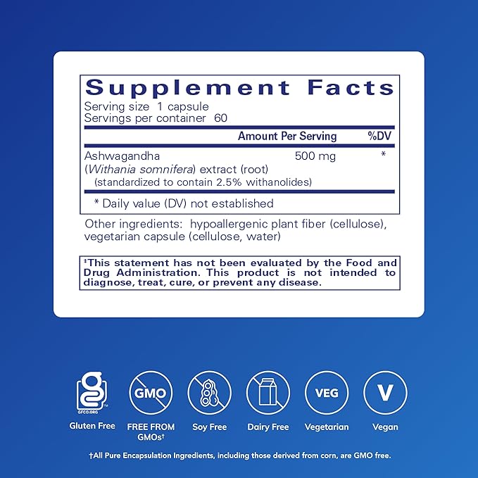 Pure Encapsulations Ashwagandha - 500 mg Ashwagandha Extract - Metabolism &amp Stress Support - Immune Support - GMO Free &amp Vegan - 60 Capsules