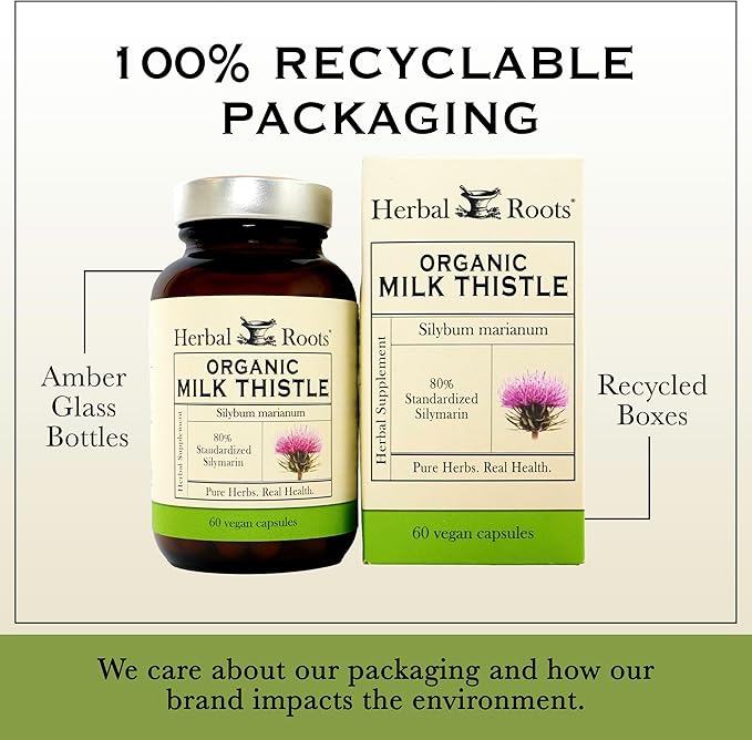 Herbal Roots Milk Thistle Capsules | Extra Strength 80% Silymarin Herbal Supplement | Made with Pure Organic Milk Thistle | Vegan and GMO Free