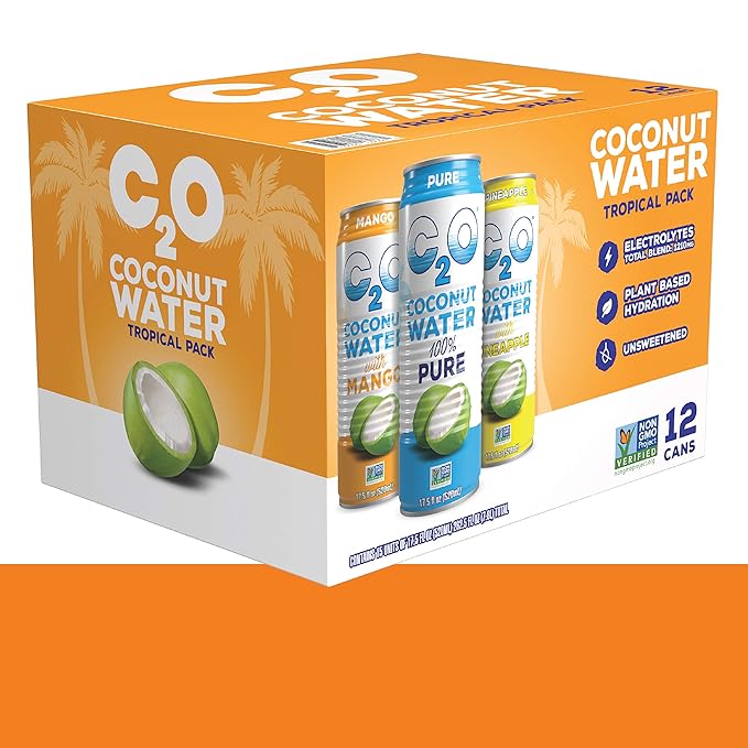 C2O Pure Coconut Water Variety Packs | Natural Electrolytes Healthy Sport Drink Alternative Non-GMO Gluten Free Plant Based No Added Sugar (Tropical 12 Pack)