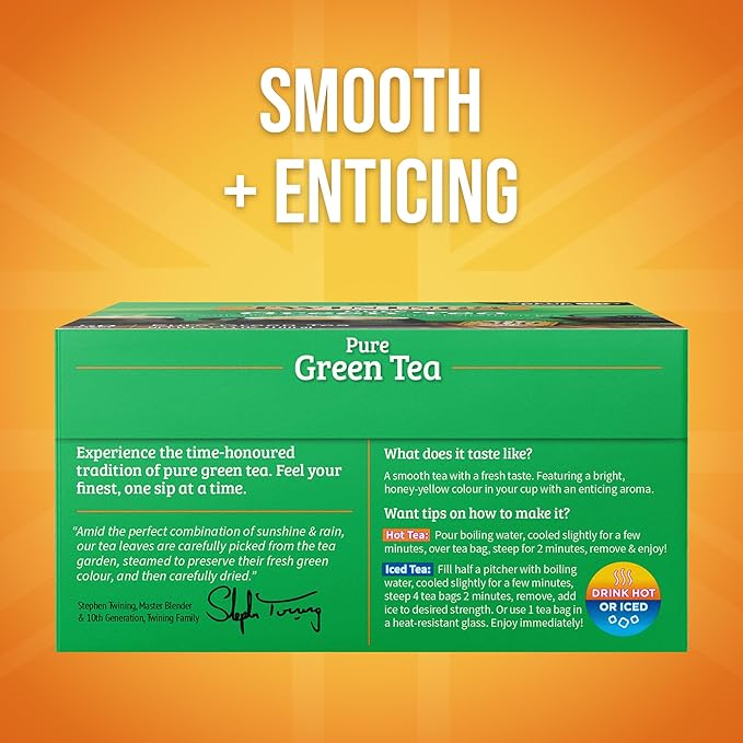 Twinings Pure Green Tea Individually Wrapped Bags 50 Count (Pack of 6) Smooth Flavour Enticing Aroma Caffeinated Enjoy Hot or Iced 300 Teabags