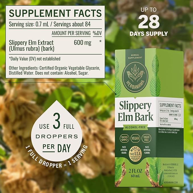 HERBAMAMA Slippery Elm Liquid Drops - Vegan Respiratory &amp Digestive Support with Slippery Elm Bark Extract - Non-GMO Alcohol &amp Sugar-Free Supplement Tincture 28-Day Supply