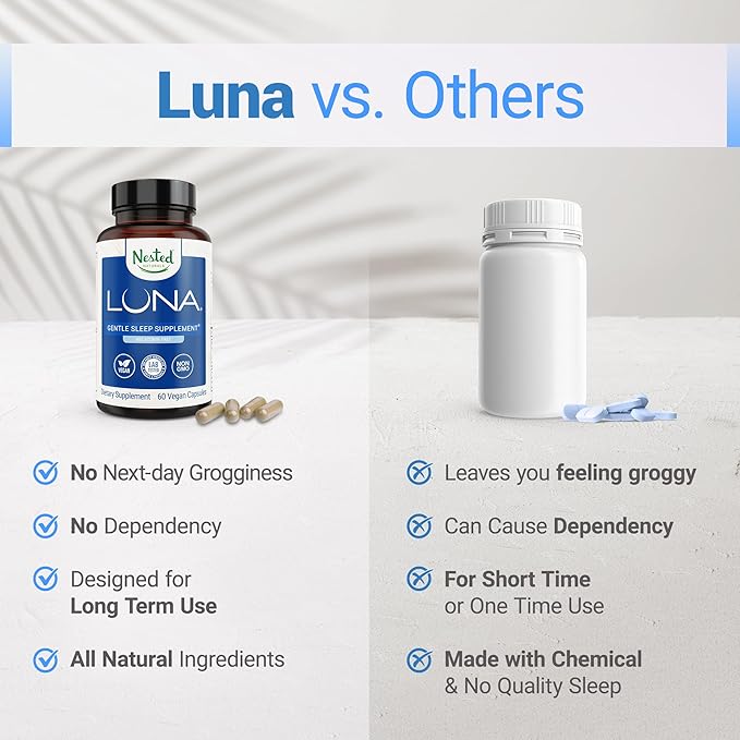 Nested Naturals Luna Melatonin Free Non-Habit Forming Herbal Sleep Supplement w/Chamomile Valerian L-Theanine 180 Vegan Capsules (60 Capsules Per Bottle)