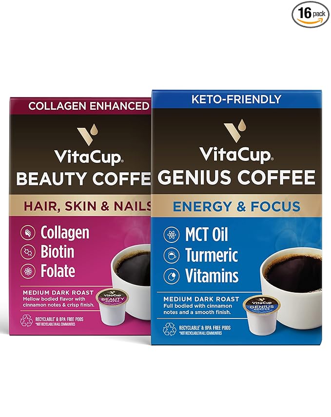 VitaCup Coffee Pod Beauty &amp Genius 32ct. Bundle Vitamin infused Single Serve Pods Compatible with K-Cup Brewers Including Keurig 2.0