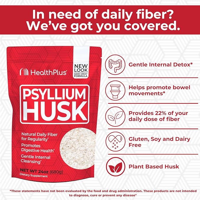 Health Plus Psyllium Husk 24 oz 96 Servings - Natural Detox Daily Dietary Fiber Supplement Constipation Relief Gentle Gut Cleanse Keto Baking