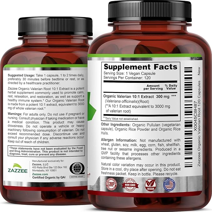 Zazzee USDA Organic Valerian Root 10:1 Extract 120 Vegan Capsules 4 Month Supply Valeriana Officinalis Relaxation Calm &amp Mood Support All-Natural Non-GMO Made in the USA