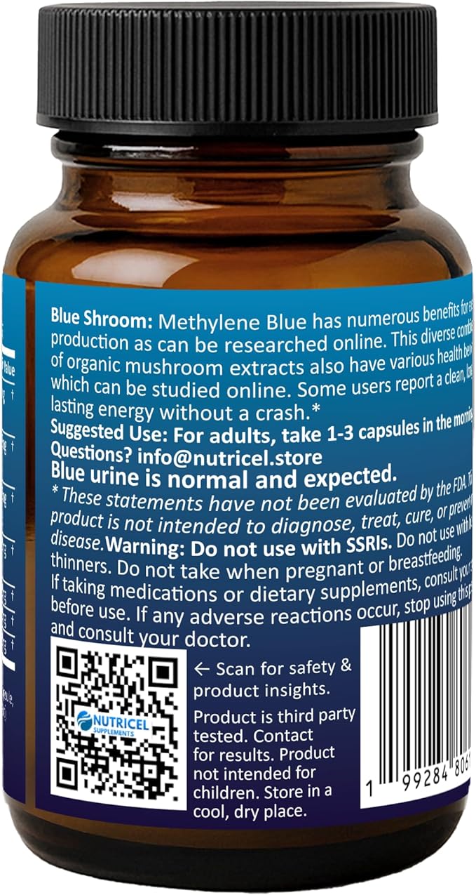Methylene Blue Capsules with Mushroom Extracts: Lion's Mane Reishi Cordyceps Chaga Shiitake Turkey Tail - Trusted Made in America - 7mg (USP Grade) (60ct)