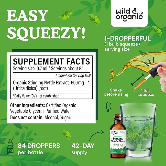 Wild &amp Organic Stinging Nettle Root Drops - Stinging Nettle Extract Tincture for Men &amp Women - Liquid Urtica Dioica Supplement - Vegan Sugar &amp Alcohol-Free - 2 fl oz
