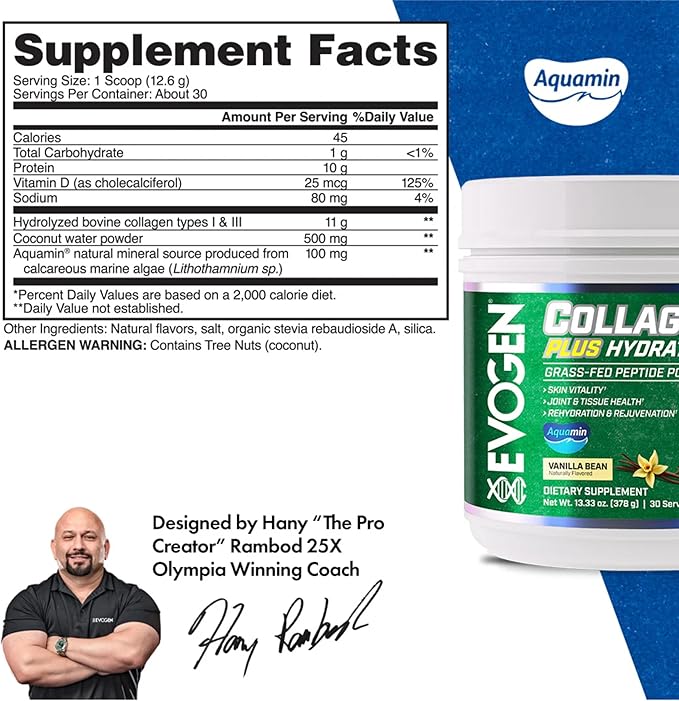 Evogen Collagen Plus Hydration - Grass-Fed Collagen for Women &amp Men | Collagen Peptides Powder | Collagen Powder Supporting Skin Vitality Hydration Joint &amp Tissue Health | Vanilla Bean | 30