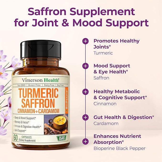 Saffron Supplements – 89mg Saffron Extract 1000mg Turmeric Curcumin Ceylon Cinnamon &amp Cardamom – Daily Mood Joint &amp Metabolic Support – Joint Supplements for Women &amp Men – 60 Capsules
