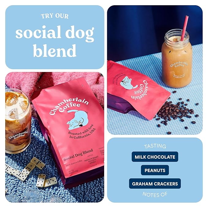 Chamberlain Coffee Social Dog Blend &amp Transparent Tumbler Bundle - Includes a 12 Oz Bag of Medium Roast Social Dog Blend Freshly Roasted In California &amp 24 Oz Transparent Double Wall Insulated
