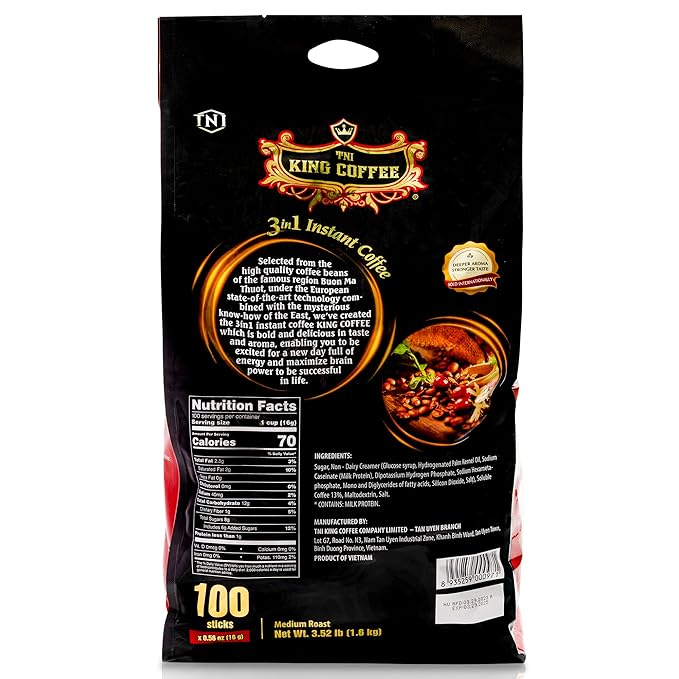 TNI King Coffee 3 in 1 Instant Vietnamese Coffee 100 Single Serve Packets - Individual Pocket Size Sachet Sticks - Blended with Coffee Cream Powder and Sugar - 2 Pack