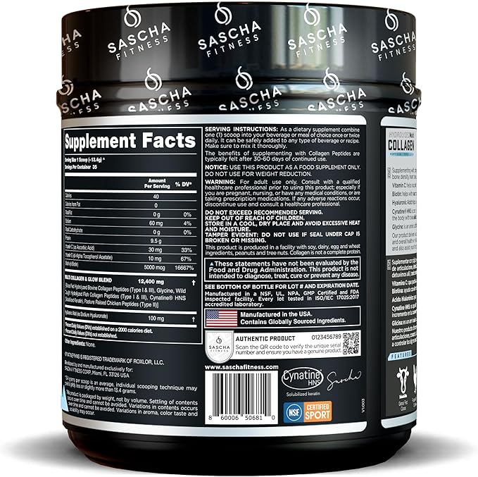 SASCHA FITNESS Hydrolyzed Multi Collagen Peptides Tipes 12 &amp 3 |Hyaluronic Acid|Biotin |Cynatine HSN|Vitamin C &amp E |for Hairs Skin &amp Bone Support| Unflavored