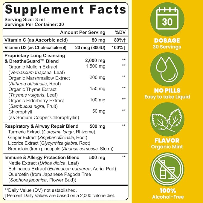 Mullein Drops For Lungs Liposomal 14 In 1 Mullein Leaf Extract For Lungs Mullein Drops with Elderberry Chlorophyll Thyme - for Lung Cleanse Detox Respiratory Immune Health 3 Fl 0Z Mint Flavor