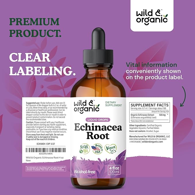 Wild &amp Organic Echinacea Drops - Immune Support Supplement with Echinacea Angustifolia - Liquid Root Extract Tincture - Vegan Sugar &amp Alcohol-Free - 4 fl oz