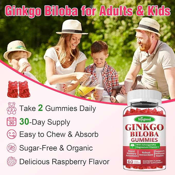 2 Pack Ginkgo Biloba Gummies with Panax Ginseng and Magnesium Ginkgo Biloba Supplements for Focus Memory and Brain Health for Adults &amp Kids Vegan Raspberry Flavor Gummies 120 Count