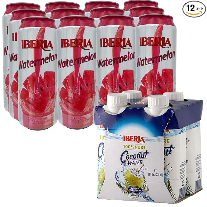 Iberia Watermelon Juice Drink 16.57 Fl Oz (Pack of 12) + Iberia 100% Natural Coconut Water 11.1 Oz (Pack Of 4)