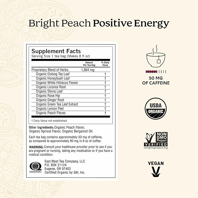 Yogi Tea Bright Peach Positive Energy Tea - 16 Tea Bags per Pack (6 Packs) - Organic Tea to Support Focus &amp Energy - Includes Oolong Tea Leaf White Hibiscus Flower Rose Hips &amp More