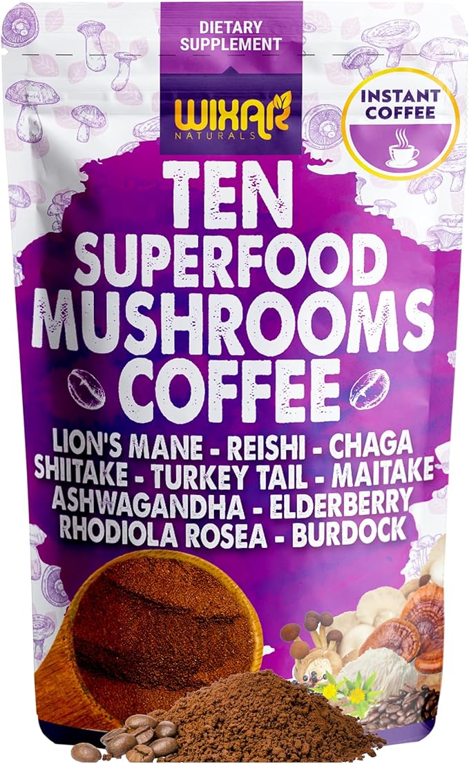 WIXAR Superfood Mushroom Coffee - Instant Coffee Powder Ten Superfood Extracts with Lion's Mane Turkey Tail Reishi Chaga Shiitake Ashwagandha Rhodiola Rosea Elderberry 5oz Mushroom Supplement