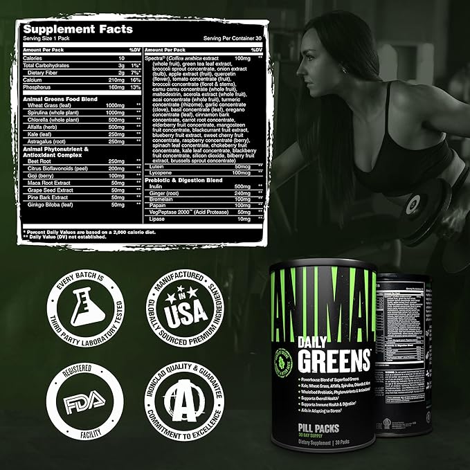 Animal Daily Greens Pill Packs - Kale Wheat Grass Alfalfa &amp More - Convenient Prebiotic and Probiotic Superfood Blend for Superior Digestion Gut Health and Immunity For Men &amp Women - 30 Da
