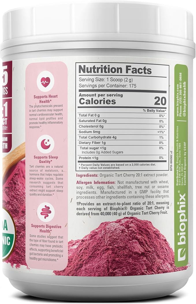 biophix Tart Cherry Powder Organic USDA 20:1 Extract 12.3 oz 350 g - Antioxidant-Rich Superfood - Supports Heart Health - Digestive Health - Natural Flavor - No Sugar Added