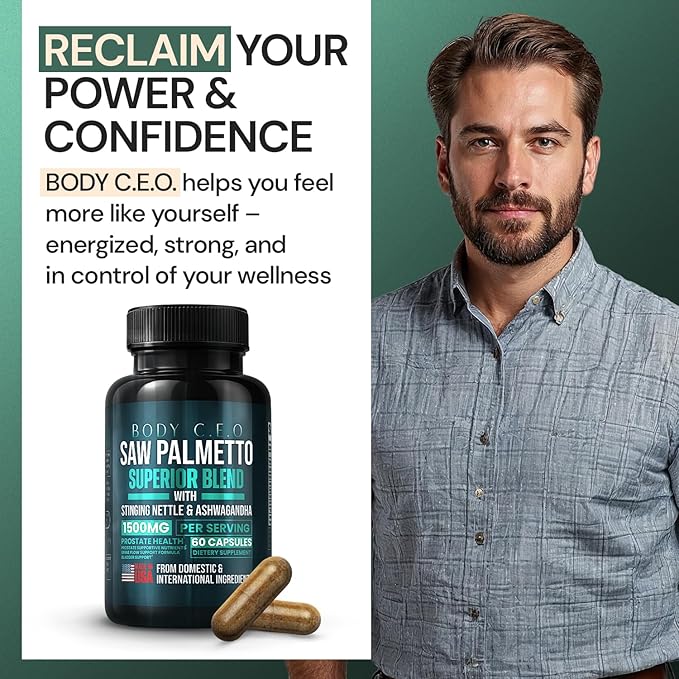 Saw Palmetto for Men - Prostate Health &amp Urinary Support - Stinging Nettle Ashwagandha Lycopene - Support Healthy Bladder Flow &amp Prostate Function - 60 Capsules
