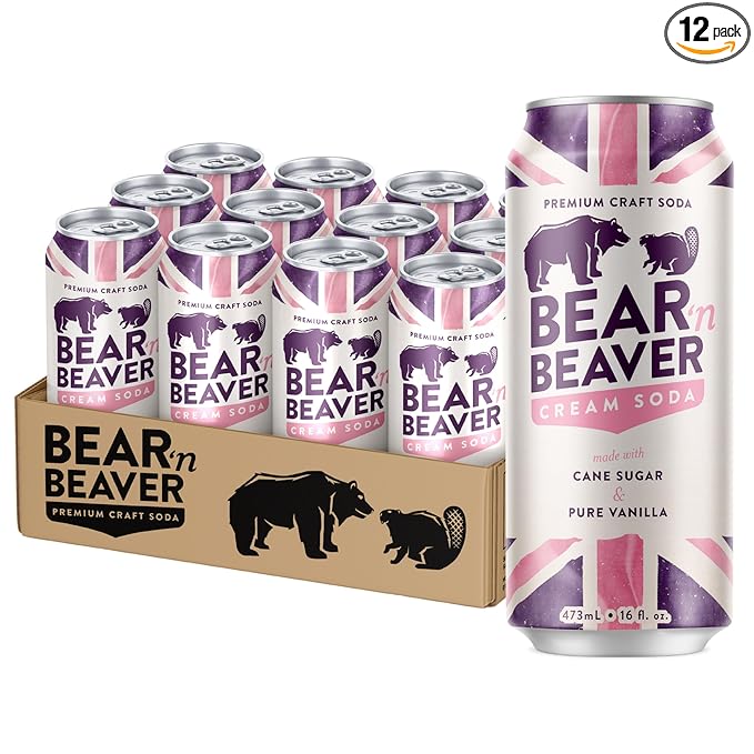 Bear 'n Beaver Premium Craft Cream Soda Soft Drinks Made with 100% Cane Sugar &amp Pure Vanilla - Vegan &amp Gluten-Free - Bold Caffeine Free Flavor for Mocktails Floats &amp Mixing - 12 Pack of 1