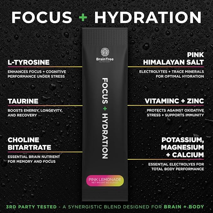 BrainTree Nutrition - Focus + Hydration - Electrolyte Drink Mix - Total Body Hydration - Supports Cognitive Function Energy &amp Muscle Recovery - Sugar Free - Pink Lemonade - 30 Stick Packs