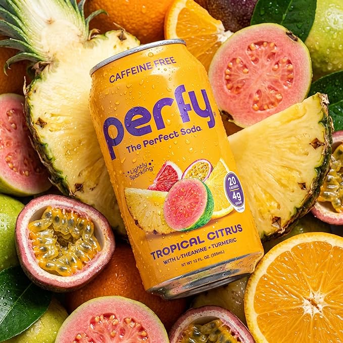 PERFY Caffeine Free Tropical Citrus Soda | Made With Real Fruit Juice – Low Sugar Nootropic Drink with L-Theanine + Turmeric | Calming Adaptogen Mocktail | Keto + GLP-1 Friendly | Sweetened with Stevi