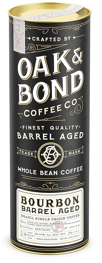 Oak &amp Bond Coffee Co. Bourbon Barrel Aged Coffee Brazil Single Origin Whole Bean Medium Roast - Chocolate Caramel Mandarin Orange Sweet Bourbon Flavors - 10oz