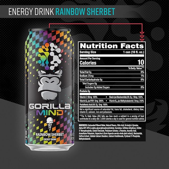 Gorilla Mind Energy Drink | Unmatched Energy · Amplified Focus | N-Acetyl-L-Tyrosine Alpha-GPC 200mg Caffeine Uridine Saffron | 0 Sugar Or Artificial Colors | 16oz 12-Pack (Rainbow Sherbet)