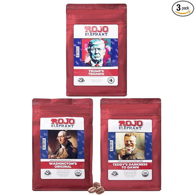 Rojo Elephant Handcrafted Ground Coffee 11 0z Bags 3 Pack Trump's Triumph Washington Original Teddy's Darkness to Dawn Patriot’s Trio