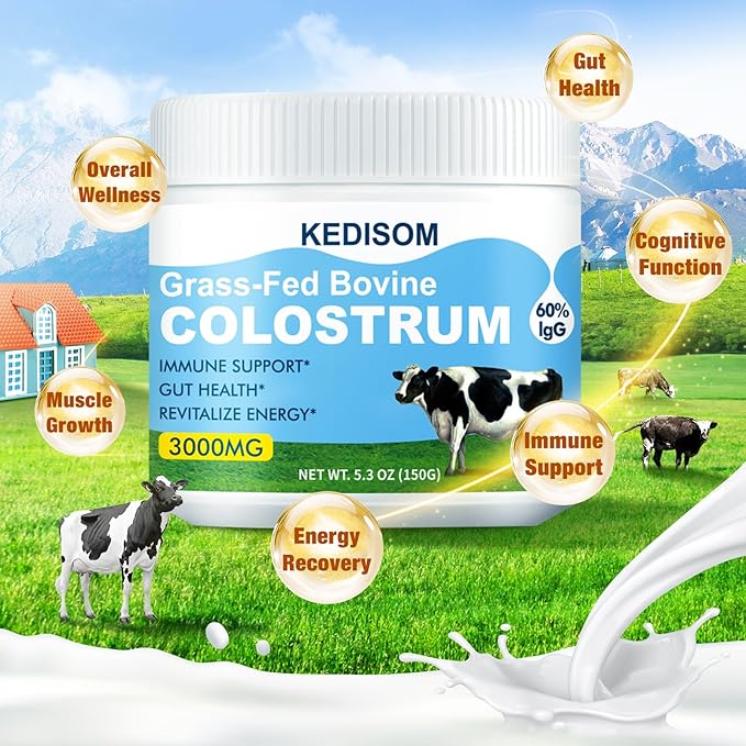 Grass-Fed Bovine Colostrum Supplement Powder - 60% High IgG 3000 mg for Gut Health Immune Support - Easy to Mix Natural Liposomal Colostrum Superfood Unflavored 50 Servings