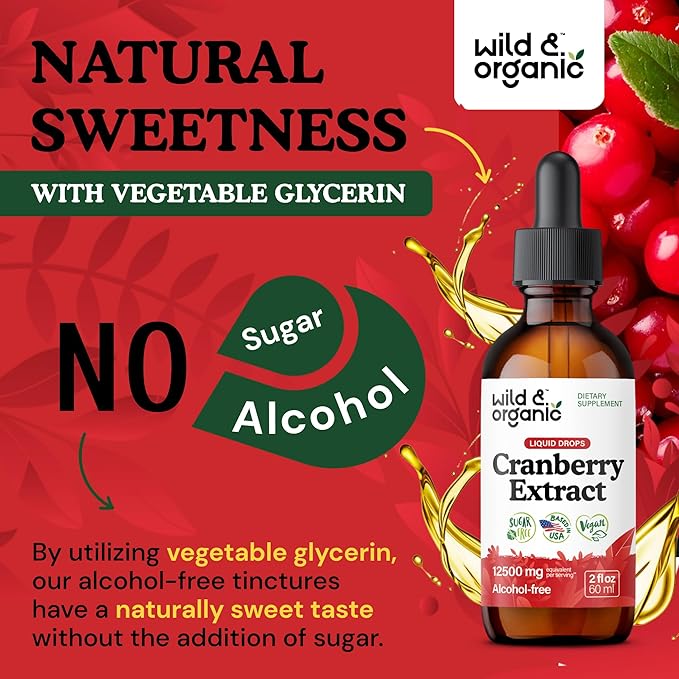 Wild &amp Organic Cranberry Supplement Drops 12500 mg - Urinary Tract Support for Women &amp Men - Pure Cranberry Extract Liquid Supplement - Vegan Sugar &amp Alcohol-Free Tincture - 2 fl oz