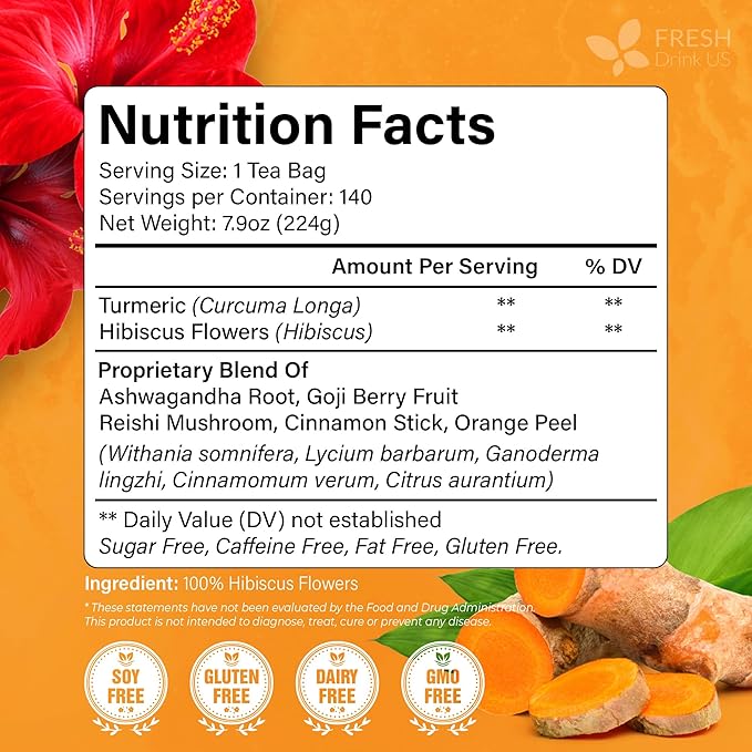 FreshDrinkUS Premium Harmony Herbal Tea | 60 Tea bags | 100% Natural Turmeric Hibiscus Ashwagandha Goji Berry Reishi Cinnamon &amp Orange Peel – Naturally Aromatic Caffeine-Free Tea