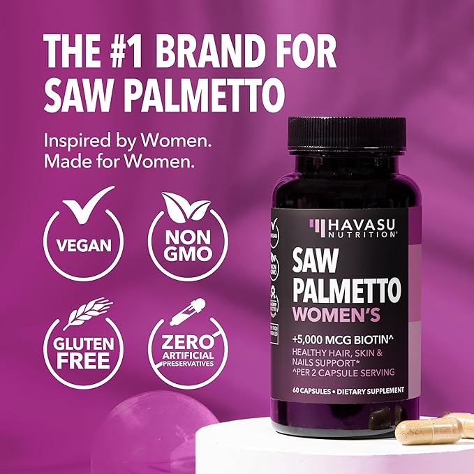 Saw Palmetto for Women with Biotin 5000mcg - Powerful DHT Blocker to Support Hair Skin and Nail Health - 60 Count - Vegan Non-GMO Vitamin for Stronger Fuller Looking Locks - 1 Month Supply