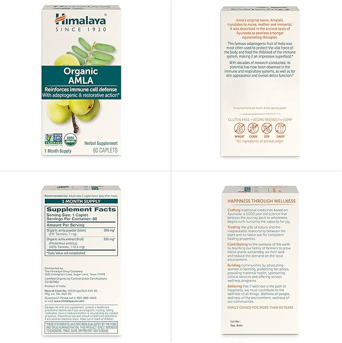 Himalaya Organic Amla - Herbal Immune Support Supplement with Adaptogen and Antioxidant - USDA Organic Vegan Non-GMO Gluten Free 600 mg 60 Caplets
