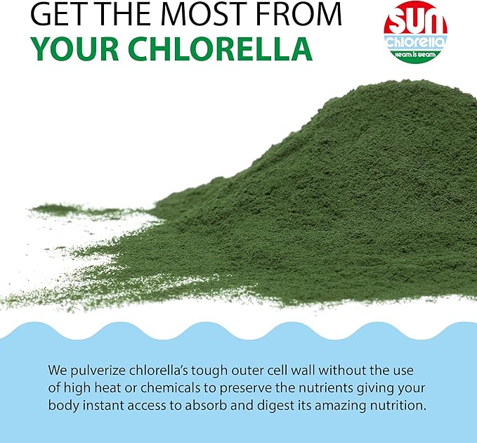 Sun Chlorella Powder Green Algae Superfood Supplement Supports Whole Body Wellness Immune Defense Gut Health &amp Natural Energy Boost - Chlorophyll B12 Protein - Non-GMO - 10 Servings