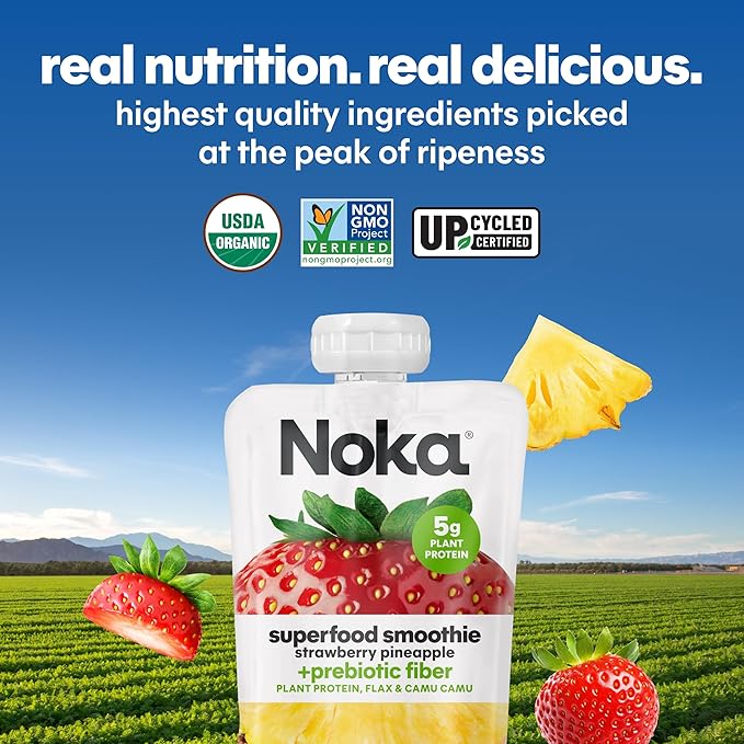 Noka Superfood Fruit Smoothie Pouches Variety Pack Healthy Snacks with Flax Seed Plant Protein and Prebiotic Fiber Vegan and Gluten Free Snacks Made in USA Organic Squeeze Pouch 4.22 oz 12 Coun