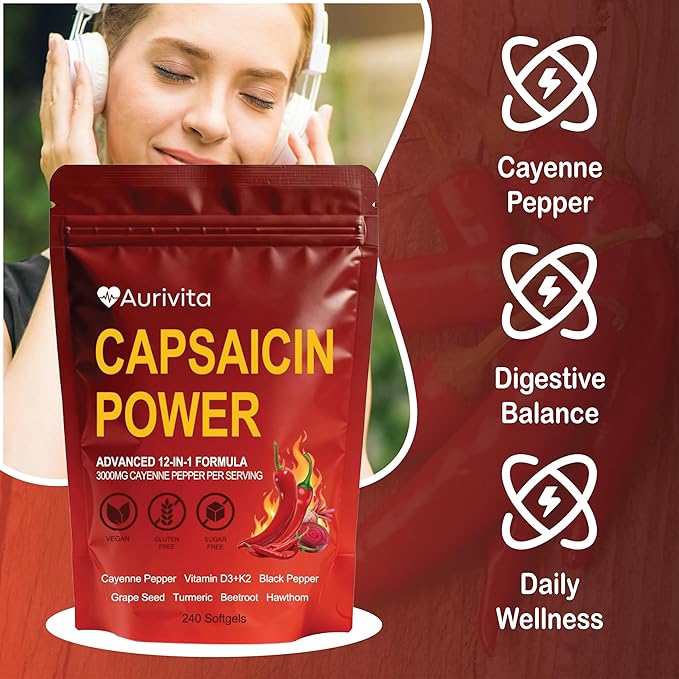 Aurivita Capsaicin Power - Cayenne Pepper Softgels Supplement Digestive &amp Gut Health with Vitamin D3+K2 Beetroot Grape Seed and Other Extracts 240 Capsules (1)