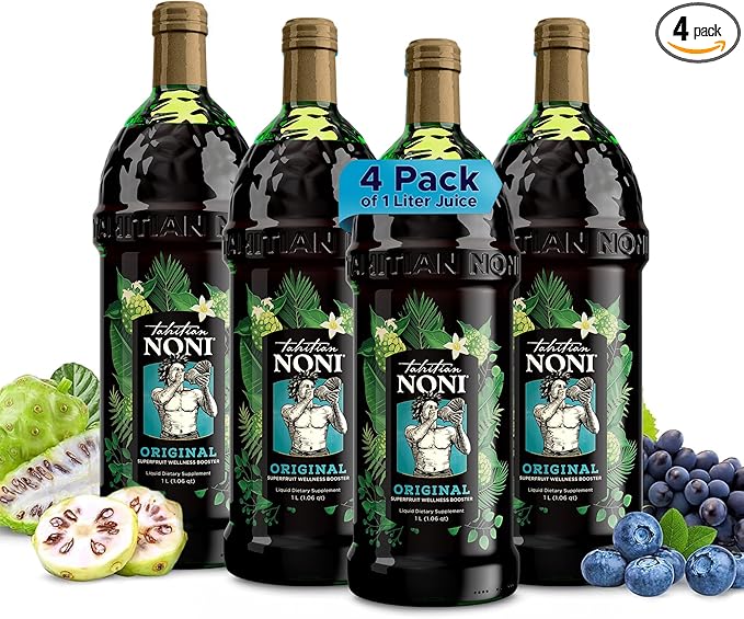 Tahitian Noni Juice by Morinda – Original Pure Noni Fruit Blend with Blueberry Grape Extracts – Healthy Superfood Vitality Daily Wellness Drink – 4 Pack of 1L Bottle