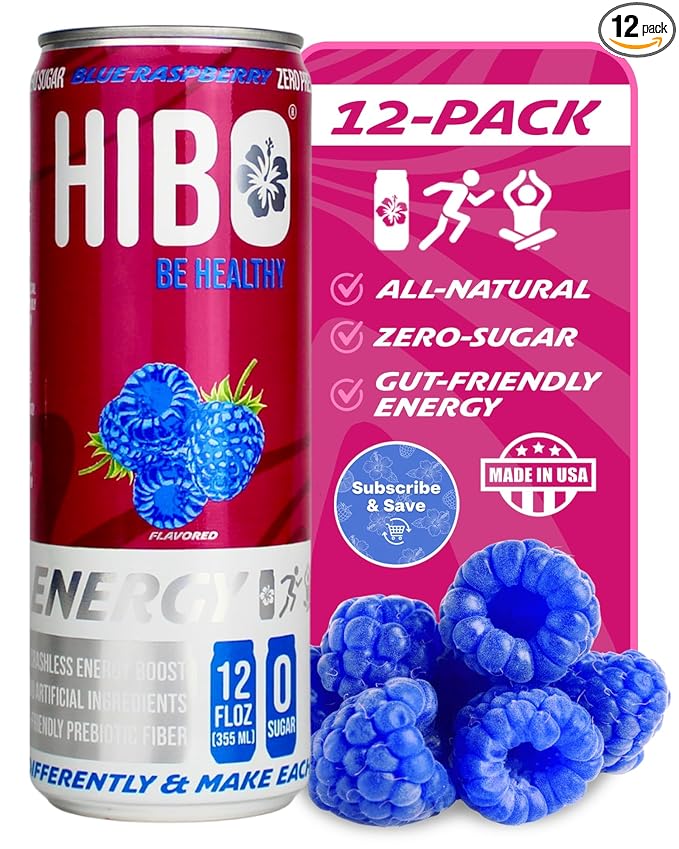 HIBO Healthy Energy Drinks Sugar Free – Gluten-Free &amp Gut-Friendly Prebiotic Fiber w/140mg Caffeine &amp 60mg Green Coffee Extract Electrolytes – Supports Immunity &amp Focus - Pack of 12 Blue